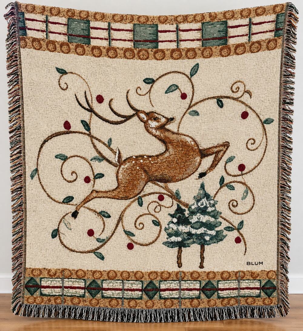 Blum Tapestry Throw Blanket Reindeer Woven Fringe Christmas Holiday